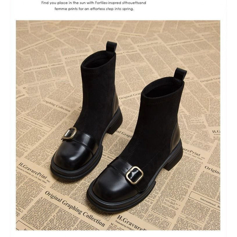 Damen Elegante Chelsea-Stiefeletten mit Blockabsatz und Schnallen-Detail Drune