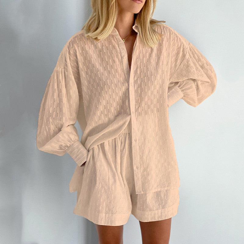 Damen lässiges Hemd-Shorts-Set mit elegantem Webmuster Drune