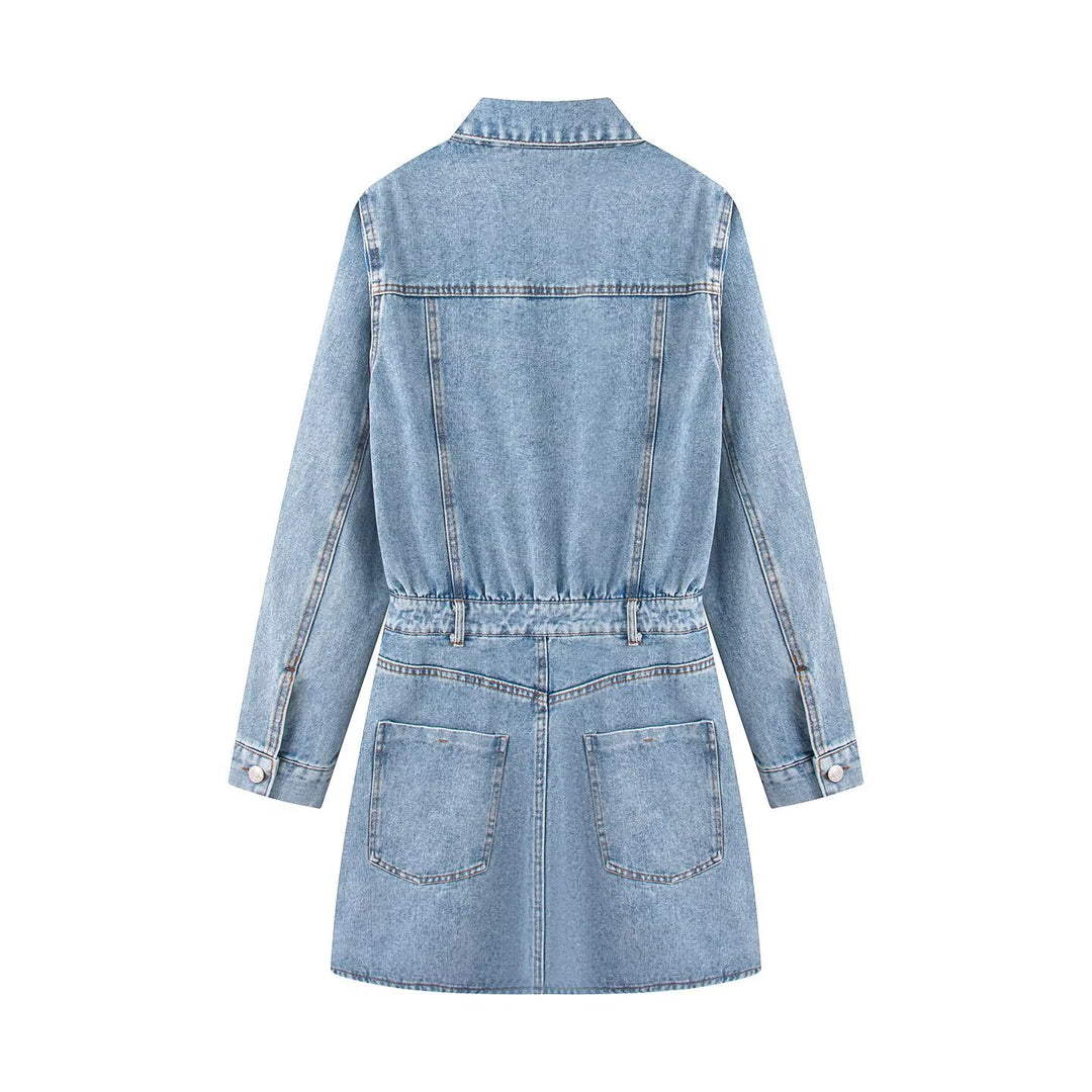 Damen Jeanskleid mit Taillengürtel, Hemdkragen und aufgesetzten Brusttaschen Drune