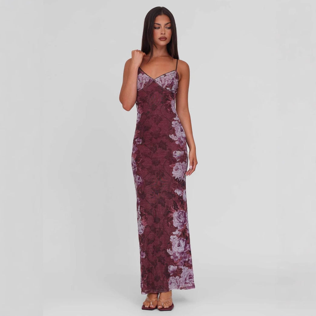 Damen nan figurbetontes Slip-Maxikleid mit Spaghettiträgern, Miedernaht und floral-barockem Digitaldruck Drune