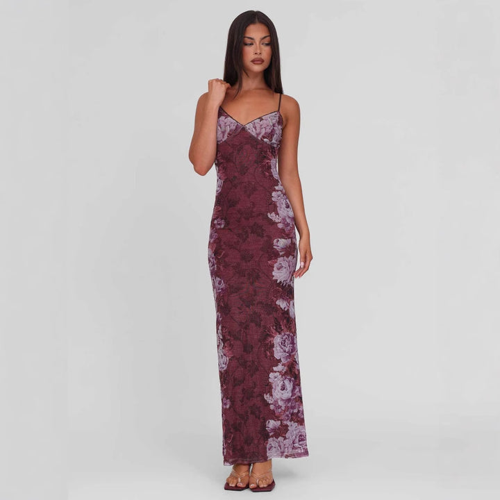 Damen nan figurbetontes Slip-Maxikleid mit Spaghettiträgern, Miedernaht und floral-barockem Digitaldruck Drune