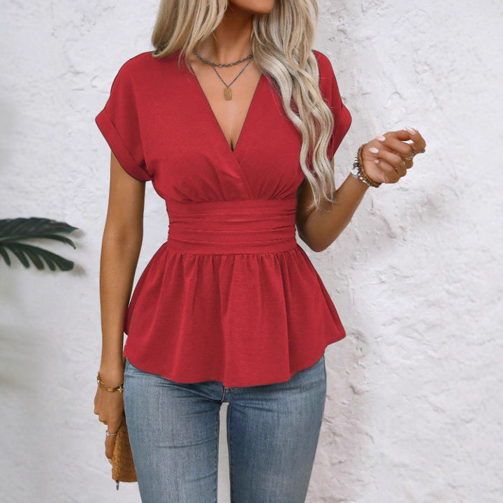 Damen Peplum-Bluse mit V-Ausschnitt und Taillengürtel Drune