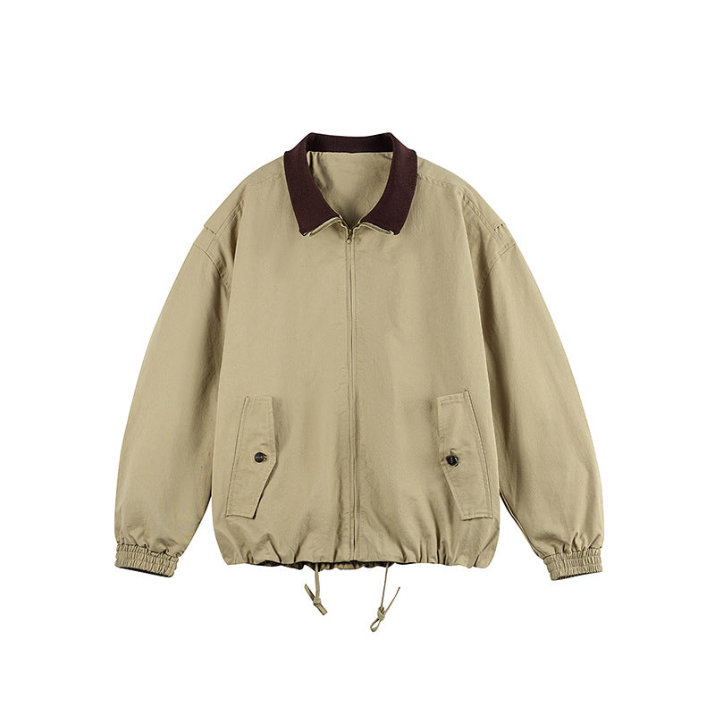 Herren Kastige Zip-Übergangsjacke aus robustem Canvas mit kontrastiertem Strickkragen, Tunnelzug und Pattentaschen Drune