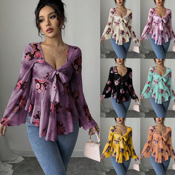 Damen Transparente Chiffon-Babydoll-Bluse mit Knotenfront und floralem Allover-Print Drune