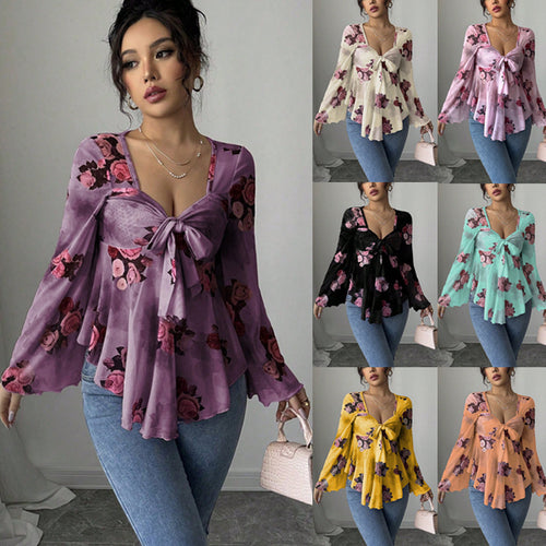 Damen Transparente Chiffon-Babydoll-Bluse mit Knotenfront und floralem Allover-Print Drune