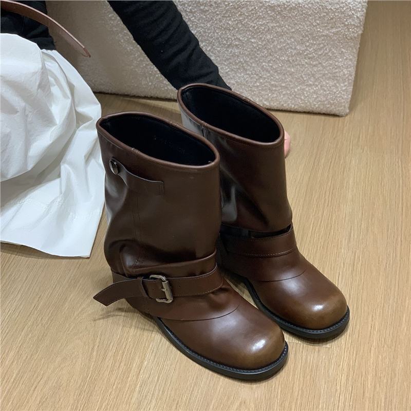 Damen Slouchy Bikerstiefeletten mit verstellbarem Schnallenriemen und runder Zehenform Drune