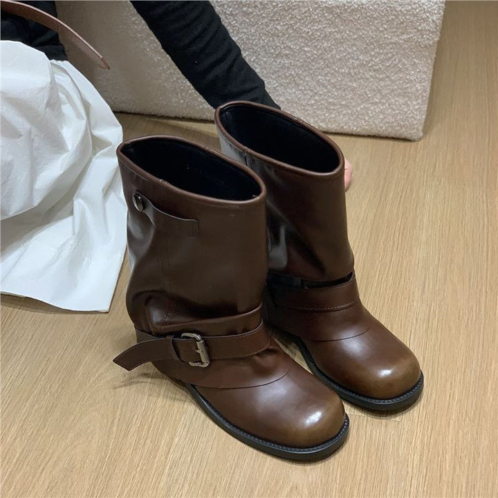 Damen Slouchy Bikerstiefeletten mit verstellbarem Schnallenriemen und runder Zehenform Drune