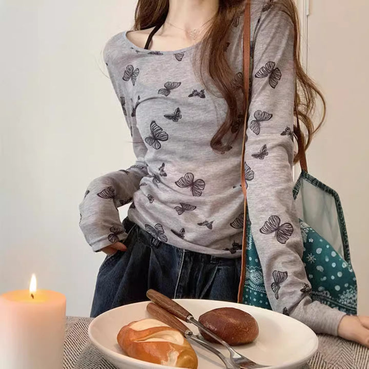 Damen Langarmshirt mit feinem Schmetterlingsmuster Drune