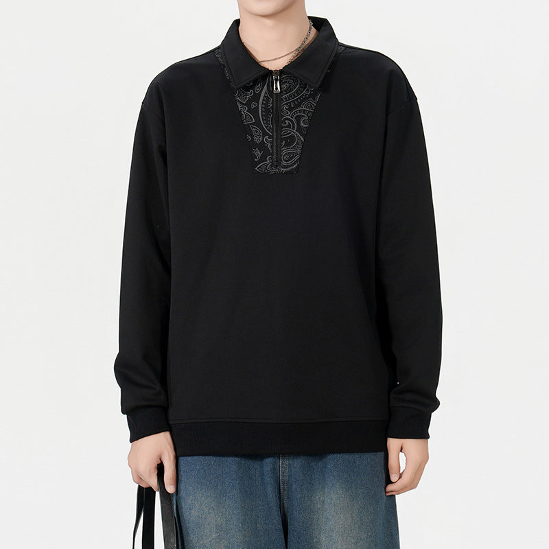 Herren Lockeres Sweatshirt mit Polokragen, halbem Reißverschluss und Paisley-Besatz Drune