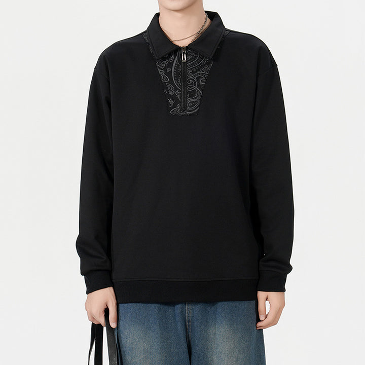 Herren Lockeres Sweatshirt mit Polokragen, halbem Reißverschluss und Paisley-Besatz Drune