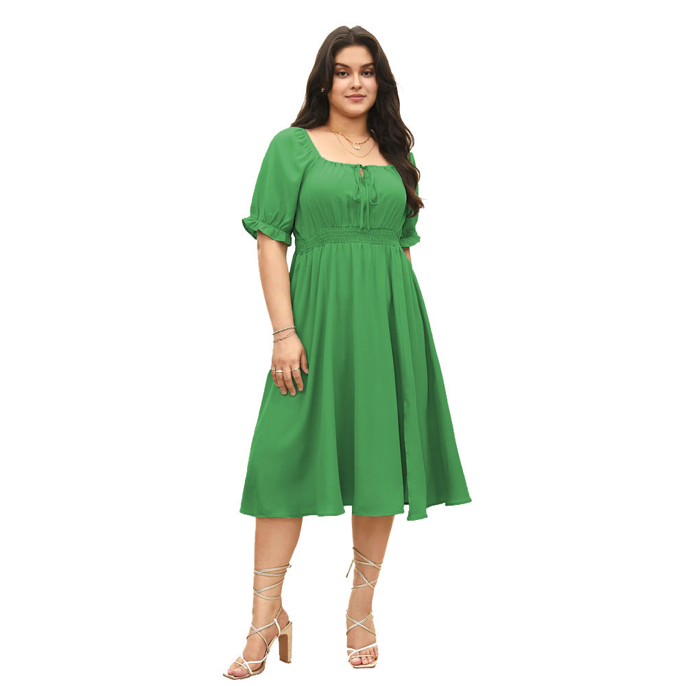 Damen Midi-Kleid mit Puffärmeln und elastischem Taillenbund Drune