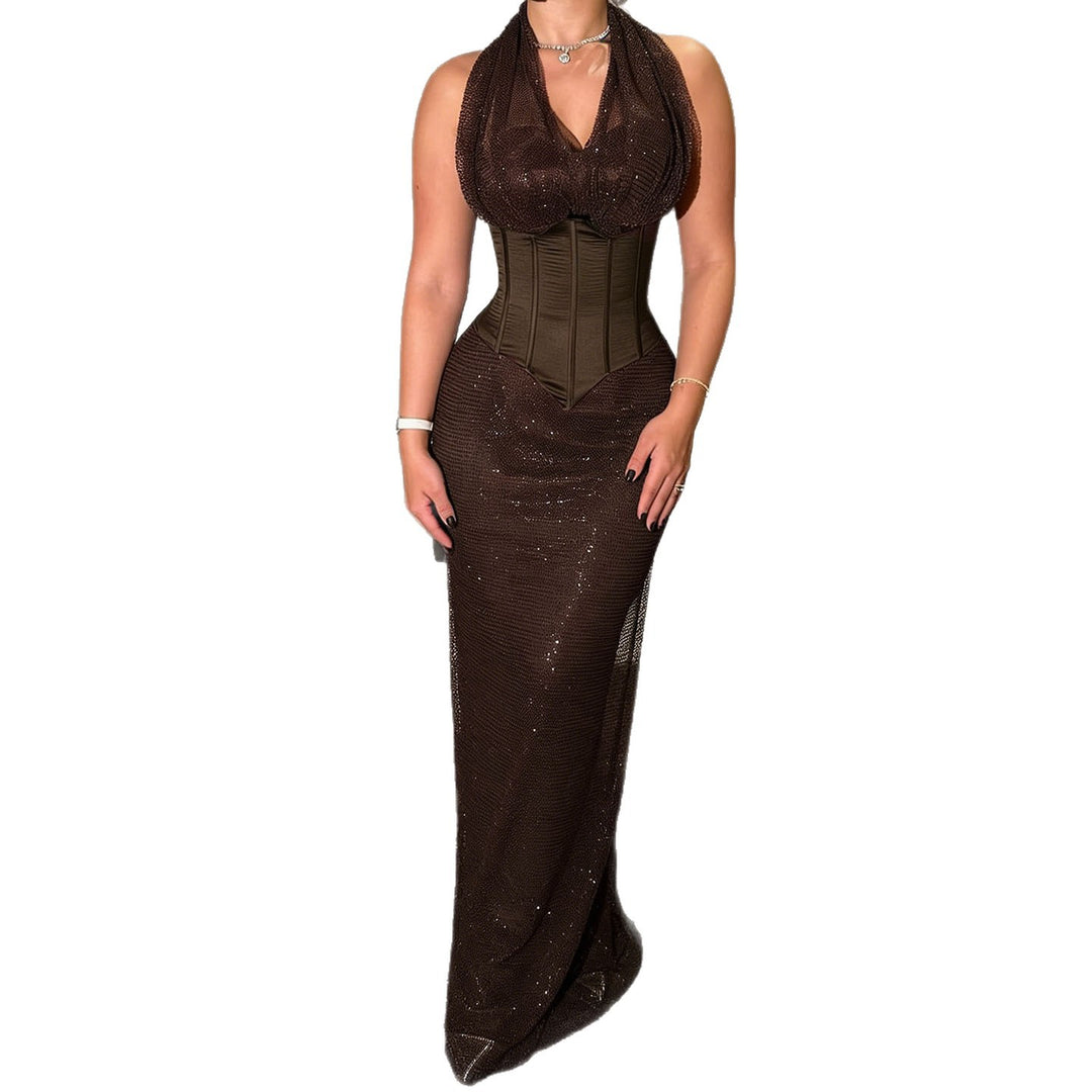 Damen elegantes Abendkleid mit tiefem V-Ausschnitt und Rüschendetails Drune