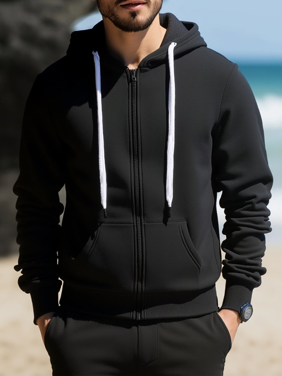 Herren Kapuzen‑Sweatjacke mit durchgehendem Reißverschluss, Kängurutaschen & weichem Futter Drune