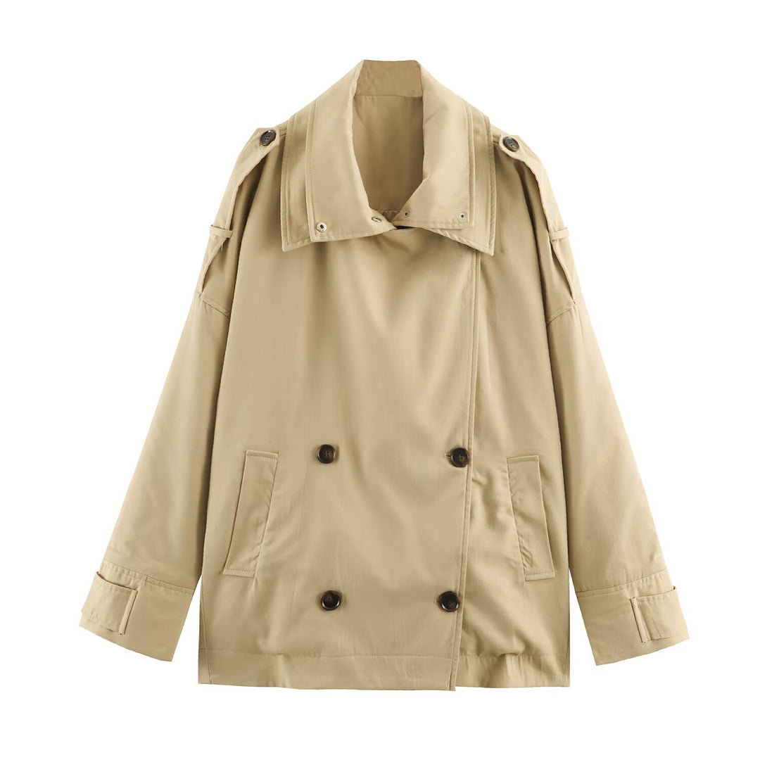 Damen Kurztrenchjacke im Oversize-Schnitt mit doppelter Knopfreihe und Schulterriegeln Drune