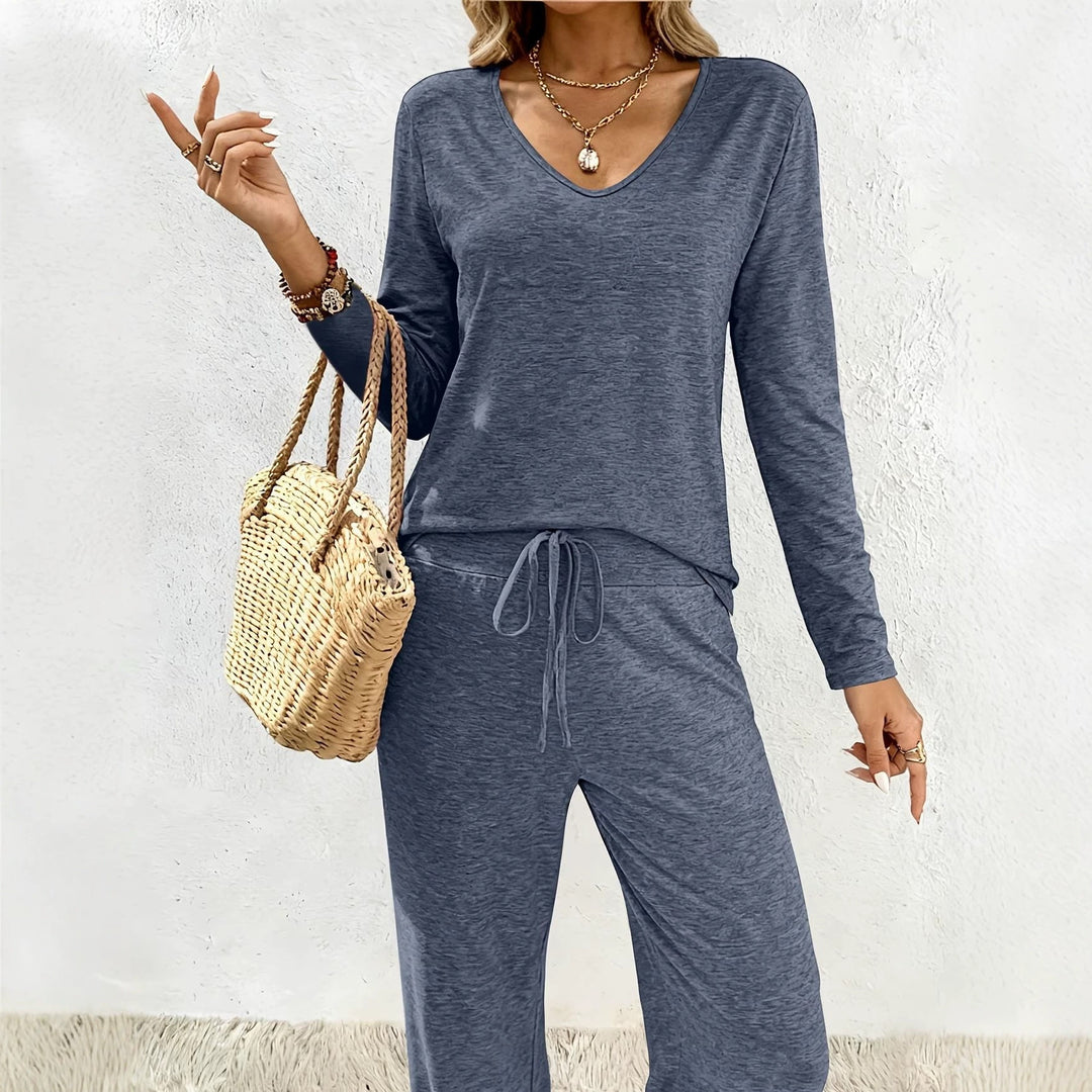 Damen Lounge-Set aus weichem Viskose-Modal-Mix mit V-Ausschnitt, Tunnelzughose und weitem Bein Drune