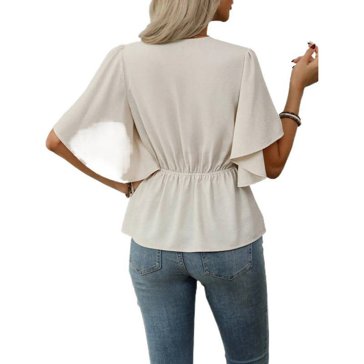 Damen Bluse mit fließenden Ärmeln und V-Ausschnitt Drune