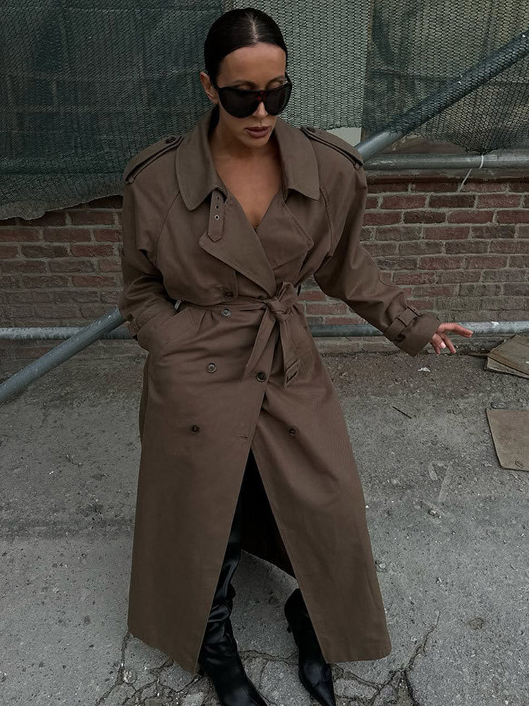 Damen eleganter Trenchcoat mit Taillengürtel und hochgeschlossenem Kragen Drune