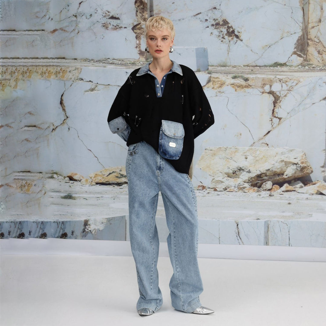 Damen Urbaner Oversized Pullover mit Denim-Details Drune