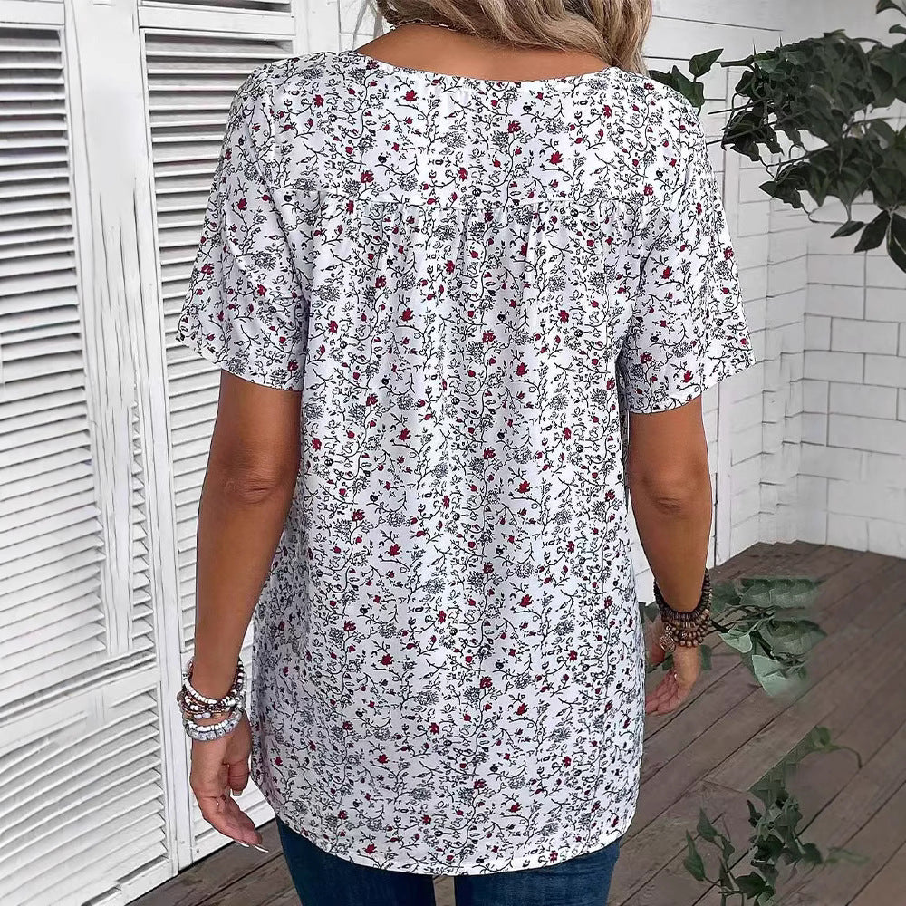 Damen nan locker geschnittene Kurzarmbluse mit V-Ausschnitt, feinem Blumenprint und Kellerfalte Drune