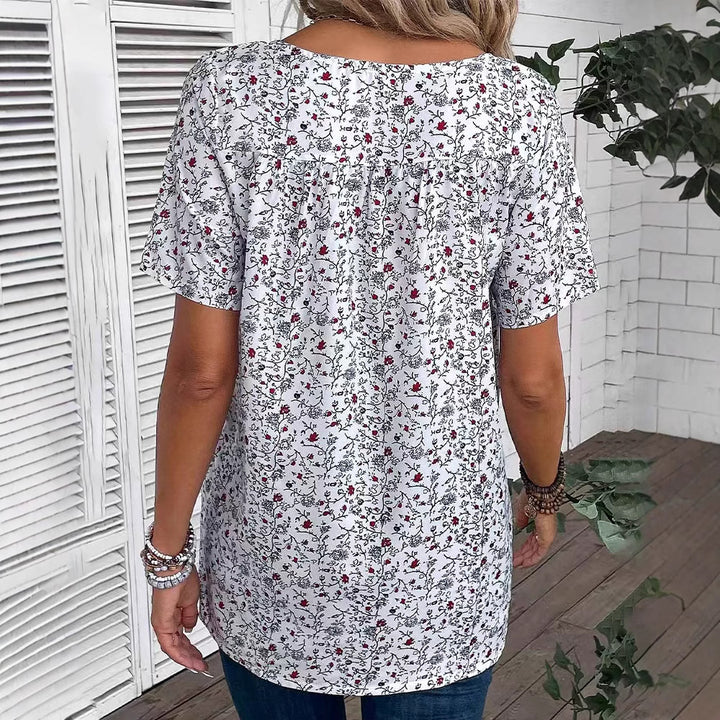 Damen nan locker geschnittene Kurzarmbluse mit V-Ausschnitt, feinem Blumenprint und Kellerfalte Drune