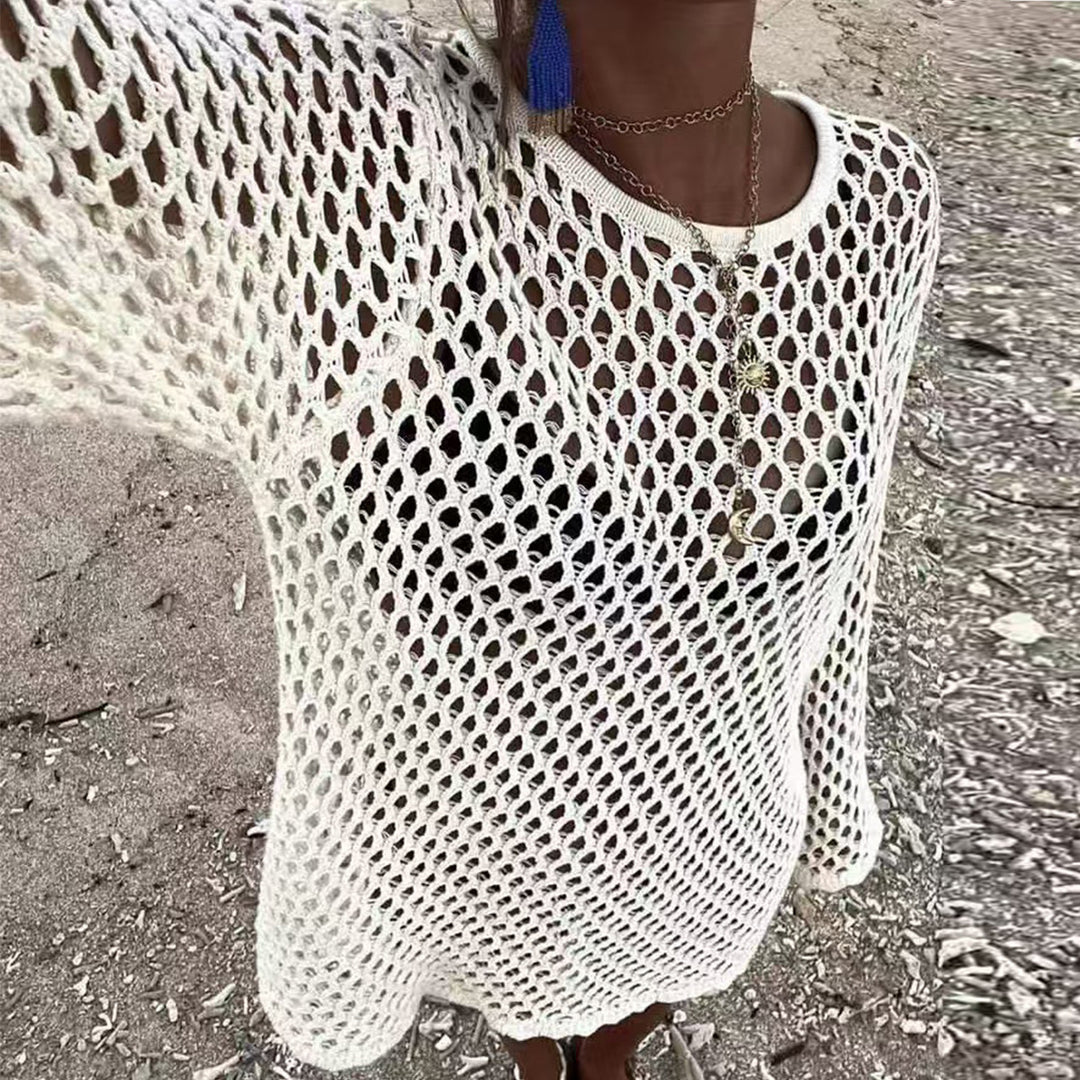 Damen luftiger Häkel-Strandüberwurf mit weiten Ärmeln und asymmetrischem Saum Drune