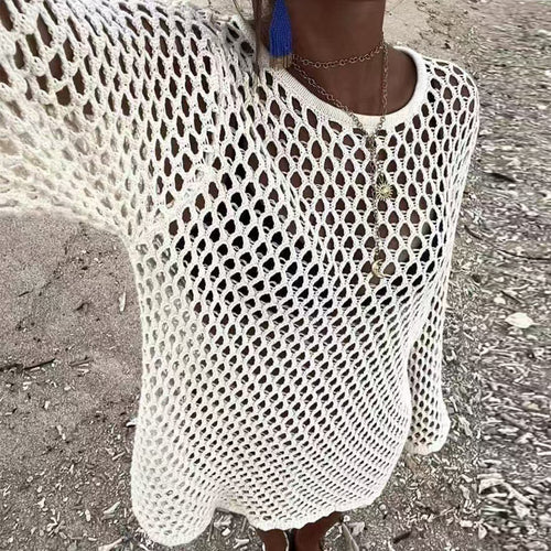 Damen luftiger Häkel-Strandüberwurf mit weiten Ärmeln und asymmetrischem Saum Drune