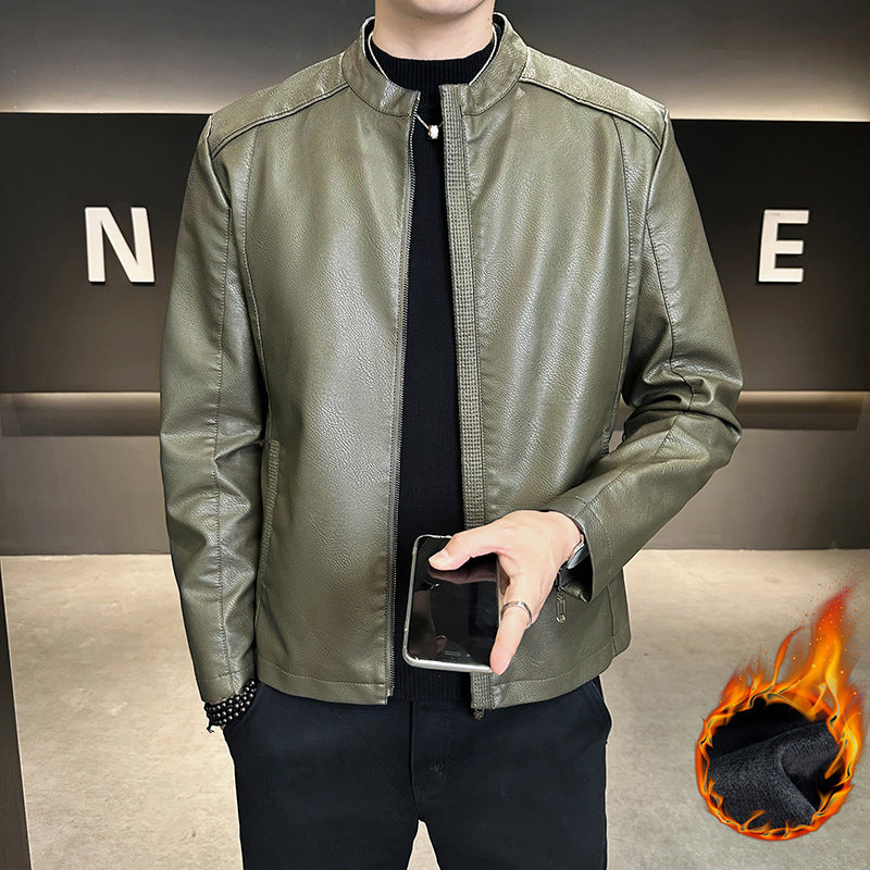 Herren Modische Kunstlederjacke mit hohem Kragen Drune