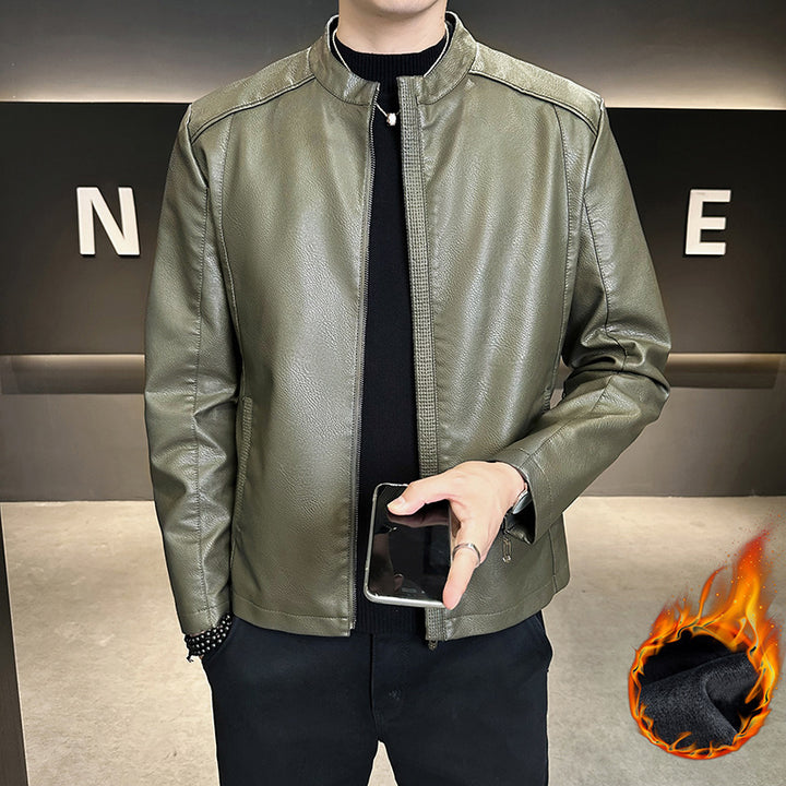 Herren Modische Kunstlederjacke mit hohem Kragen Drune