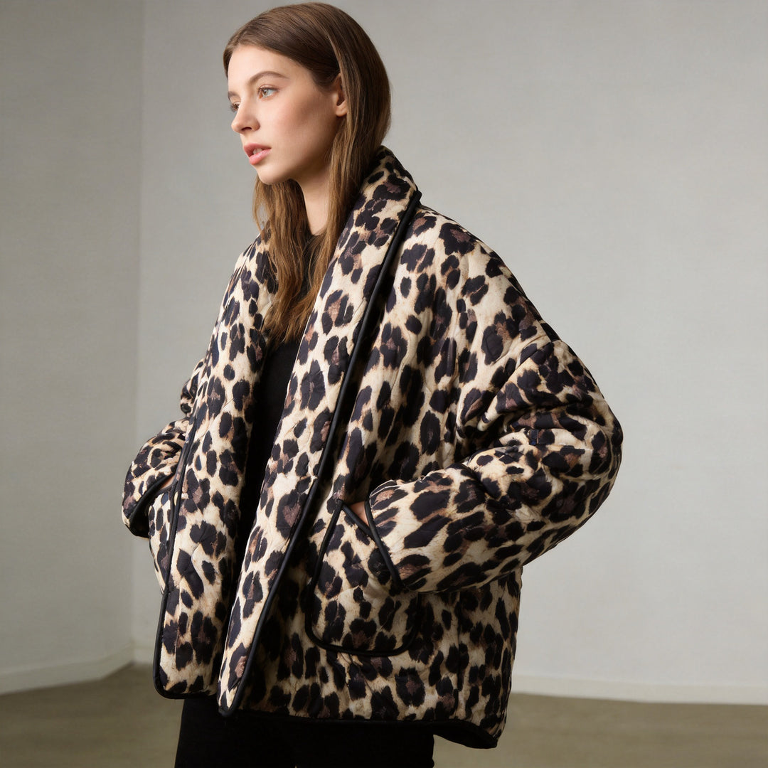 Damen Oversize gesteppte Pufferjacke mit Leopardenmuster und breitem Schalkragen Drune