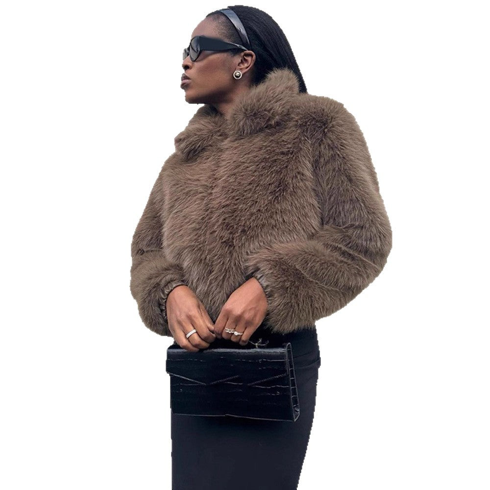 Damen Kurzer Boxy Kunstpelz-Blouson mit voluminösem Schalkragen und gefütterter Innenverarbeitung Drune