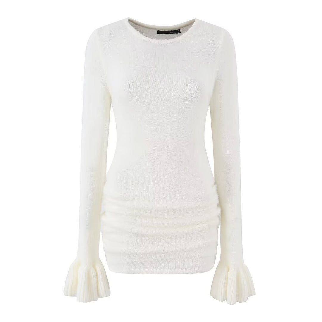 Damen Figurbetonter Feinstrick-Pullover mit geraffter Taille und Volantärmeln Drune