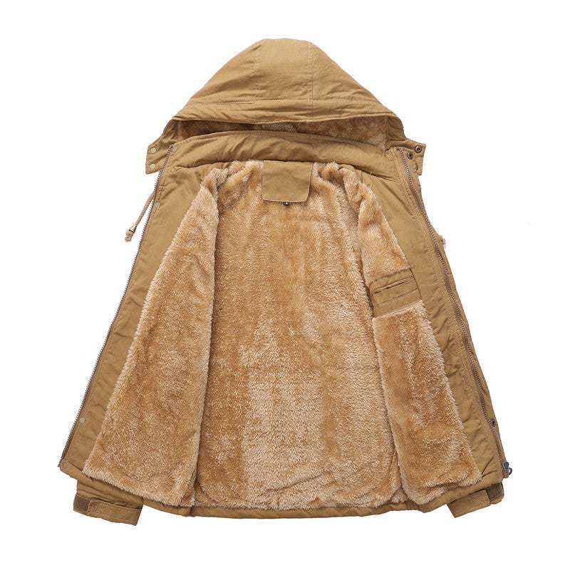 Herren wetterfeste Kapuzen-Canvasjacke mit Teddyfutter und Multifunktions-Taschen Drune