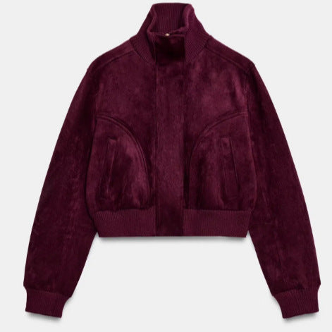 Damen Kurze Veloursleder-Bomberjacke mit hohem Rippenkragen, elastischem Saum und Eingrifftaschen Drune