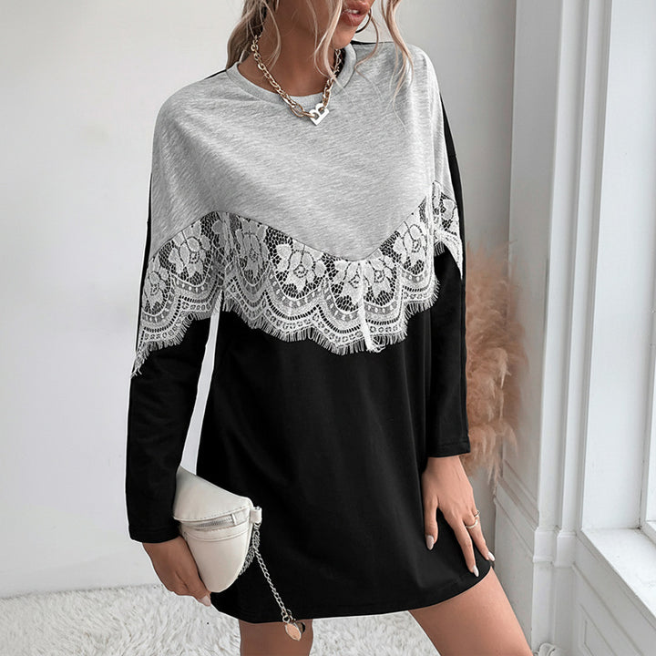 Damen Sweatkleid im Colorblock‑Stil mit Spitzen‑V‑Passe und gerundetem Saum Drune