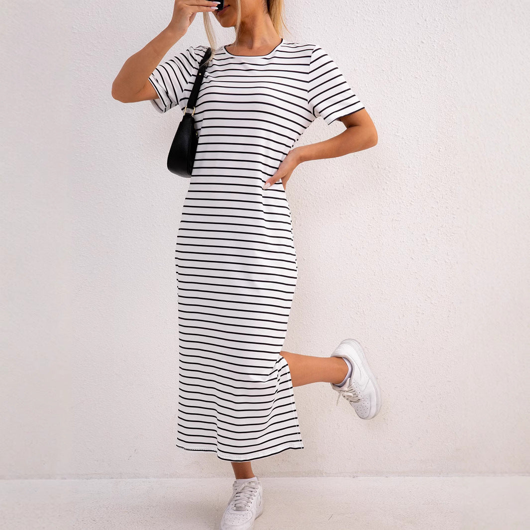 Damen Midi-Kleid mit lässigem Streifenmuster und seitlichem Schlitz Drune