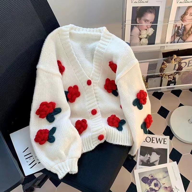 Damen Strickjacke mit Blumenapplikationen und elastischen Ärmeln Drune