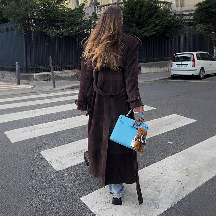 Damen Edler Suede-Trenchcoat mit breitem Kragen und praktischen Taschen Drune