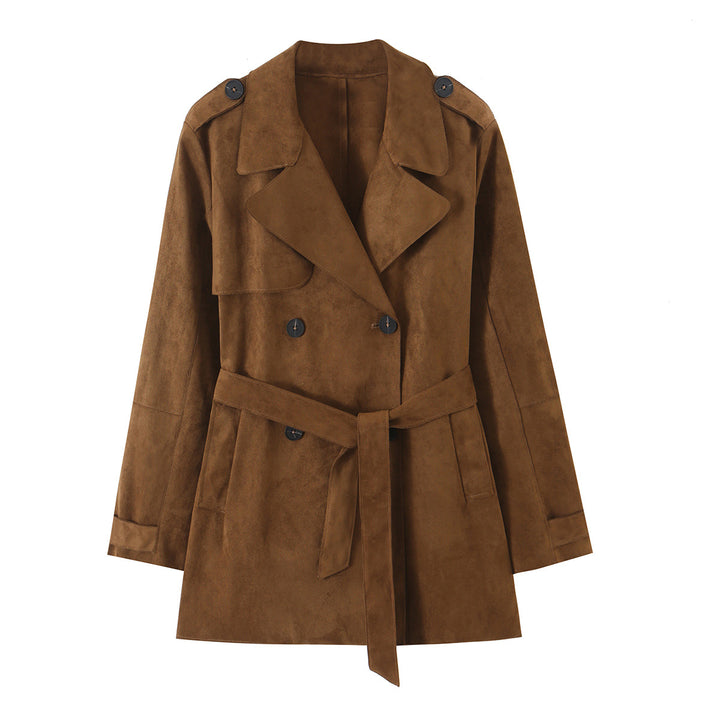 Damen Kurz-Trenchcoat aus Kunstwildleder mit Taillengürtel und doppelter Knopfleiste Drune