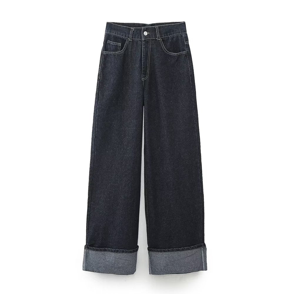 Damen 1700+ Cropped Jeansjacke mit überlangen Umschlagmanschetten und kastiger Silhouette Drune