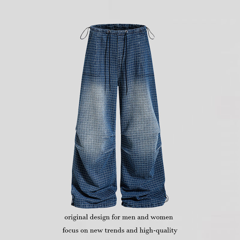Damen Weite High‑Waist Culotte-Jeans mit Kordelzug, Karomuster und verstellbarem Saum Drune
