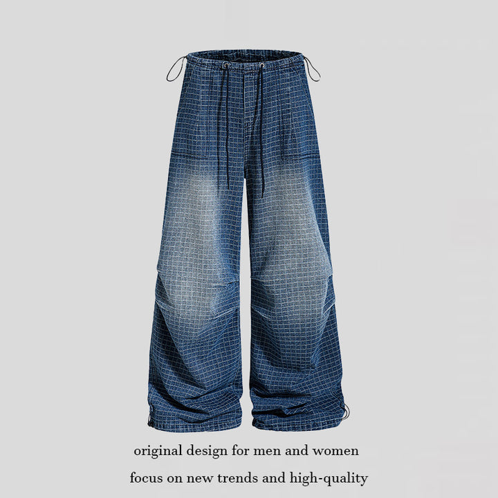 Damen Weite High‑Waist Culotte-Jeans mit Kordelzug, Karomuster und verstellbarem Saum Drune