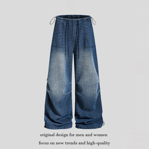 Damen Weite High‑Waist Culotte-Jeans mit Kordelzug, Karomuster und verstellbarem Saum Drune