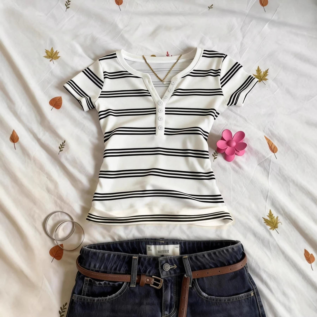 Damen Kurzarmshirt mit Knopfleiste Drune