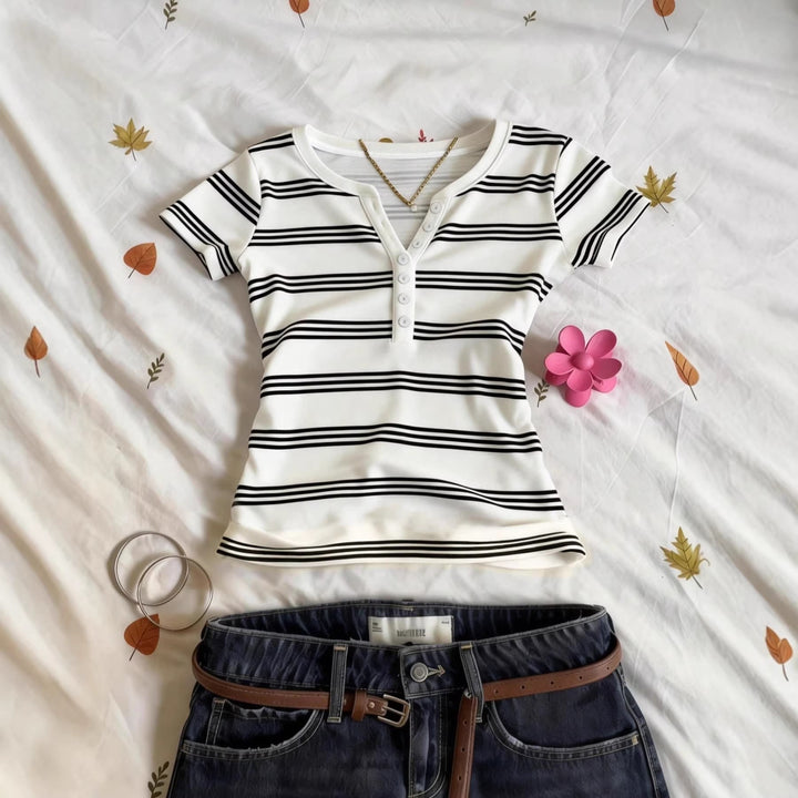 Damen Kurzarmshirt mit Knopfleiste Drune