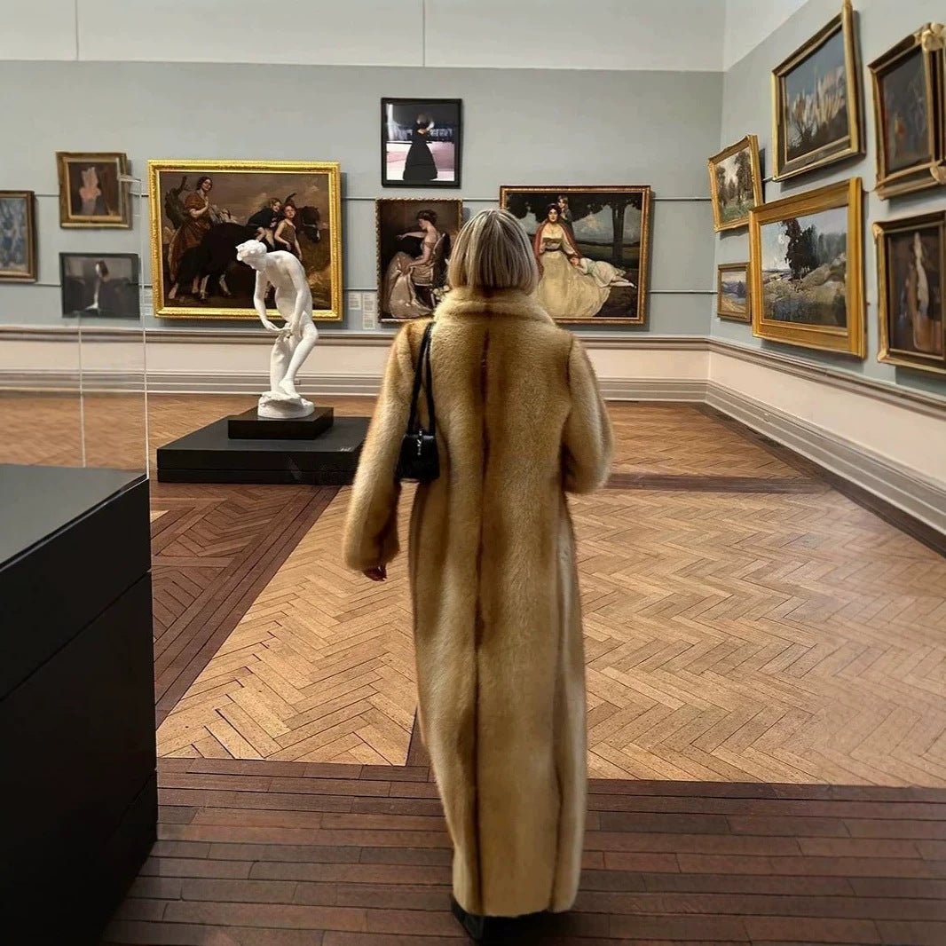Damen Langer Hochfloriger Kunstpelzmantel mit Reverskragen Drune