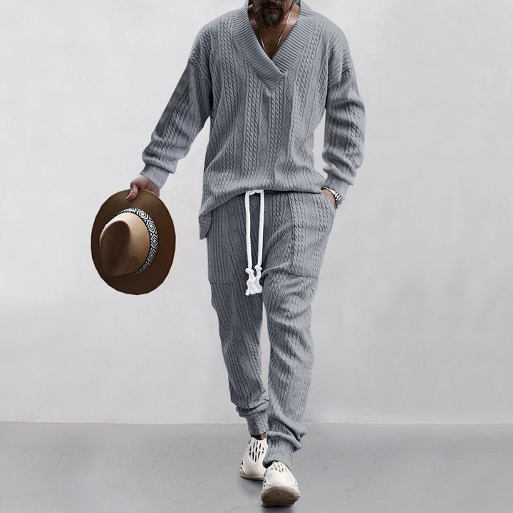 Herren nan gestricktes Lounge-Set mit tiefem V‑Ausschnitt, Kordelzug-Jogginghose und Rippbündchen Drune