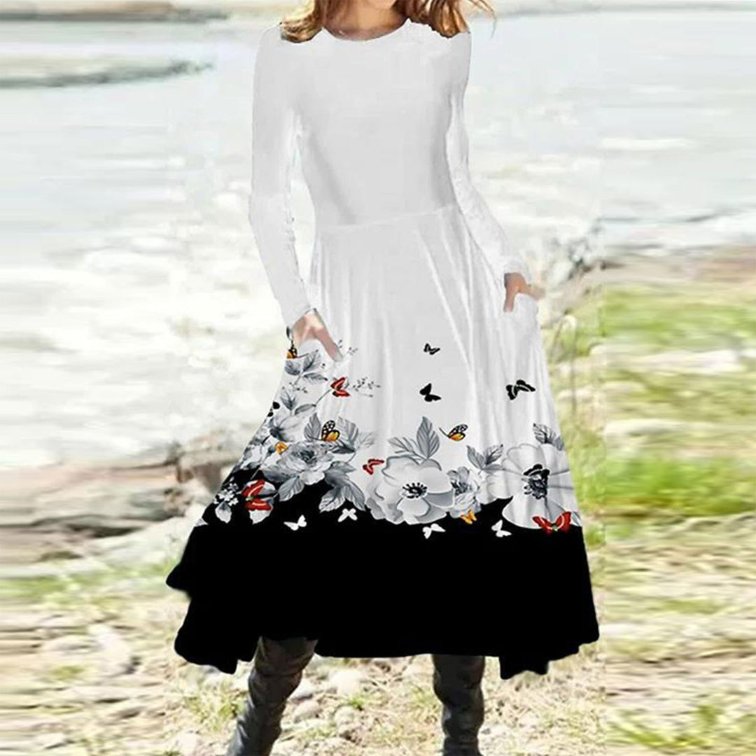 Damen nan fließendes Maxikleid mit Batikkreis-Muster, Rundhalsausschnitt, Taillennaht und Eingrifftaschen Drune