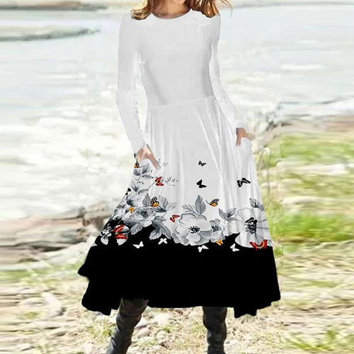 Damen nan fließendes Maxikleid mit Batikkreis-Muster, Rundhalsausschnitt, Taillennaht und Eingrifftaschen Drune