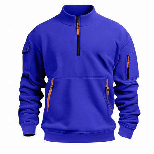 Herren nan Sweatshirt mit Stehkragen, halbem Reißverschluss, Kängurutasche und Ärmeltasche Drune
