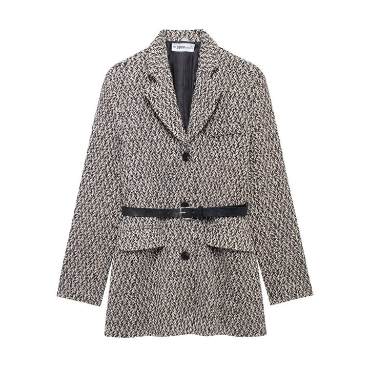 Damen Midilanger Bouclé-Tweed-Blazerjacke mit Lederimitat‑Gürtel Drune